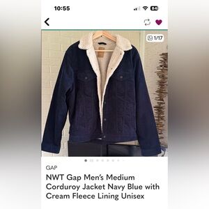 NWT Gap Men’s Medium Corduroy Jacket Navy Blue with Cream Fleece Lining Unisex